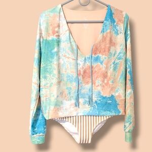 Seea Blue Marble Striped V-Neck Long Sleeve Santander Blouse One-Piece Swimsuit